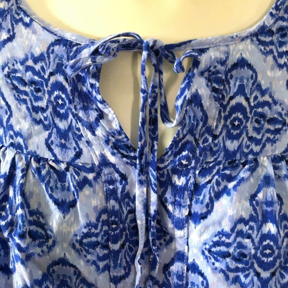 Cynthia Rowley Blue White Print Rayon Tie Long Sleeve Pullover Peasant Shirt S - Picture 2 of 10